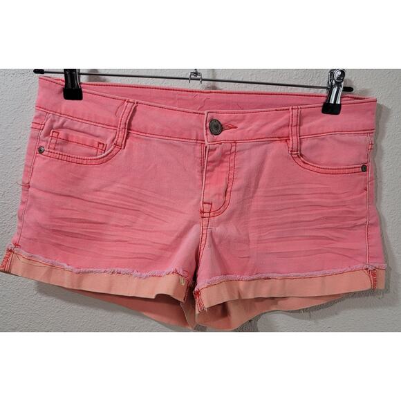 L.E.I. Pink Orange Hot Pants Style Shorts 11 Worn Look Lightweight Frayed Hem - Picture 1 of 4